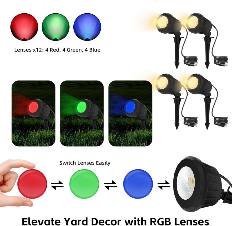 Holeva Spotlight Outdoor – 120V Plug-in, 2700K Warm White LED Landscape Spot Lights with RGB 3 Lenses for Yard, Garden, Lawn&Tree Decor, IP67 Waterproof, Perfect for Holidays&Everyday (4 Pack, Black) - Image 2